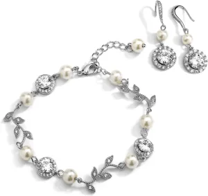 Mariell Silver Vine & Ivory Pearl CZ Bridal Bracelet & Earrings Set - Wedding Jewelry for Bridesmaids