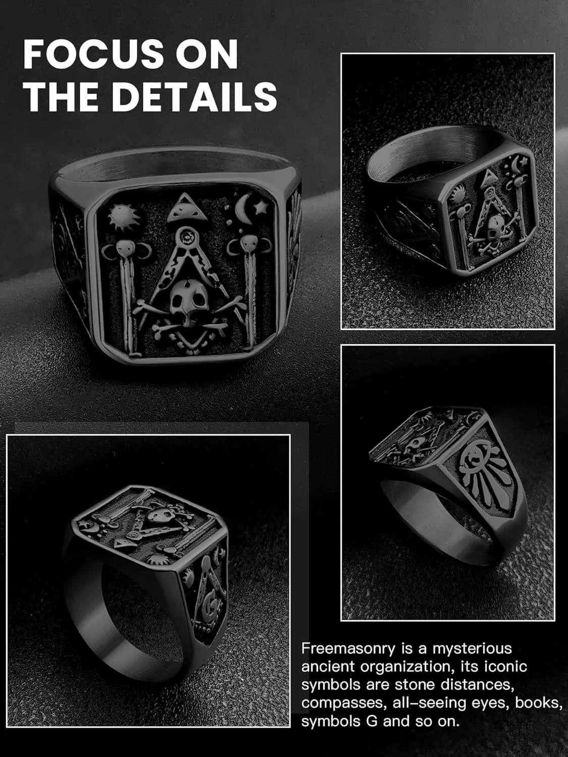 Masonic Rings for Men, 316L Stainless Steel/18K Gold/Black Freemason Band Rings Jewelry, with Gift Box