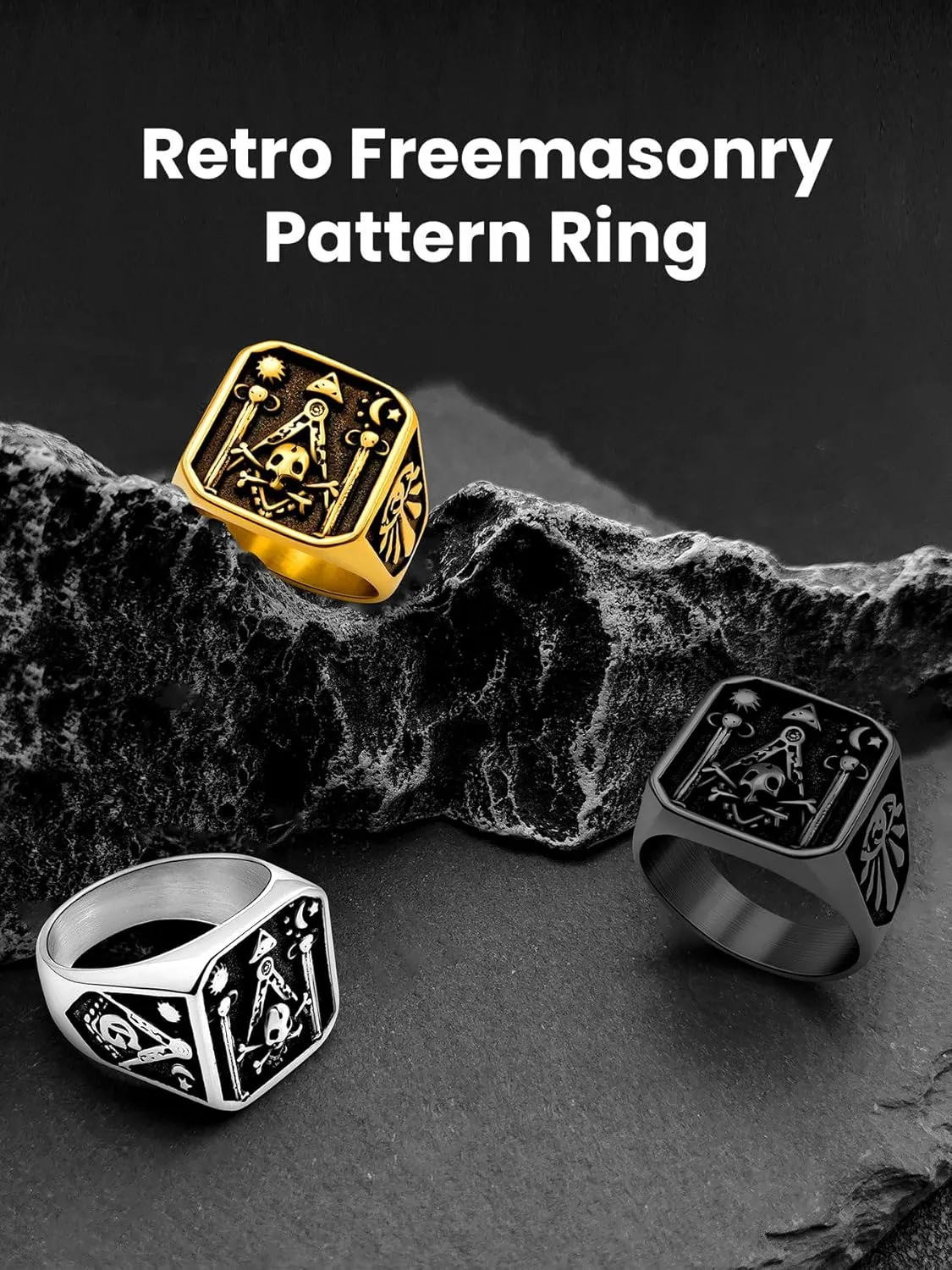 Masonic Rings for Men, 316L Stainless Steel/18K Gold/Black Freemason Band Rings Jewelry, with Gift Box