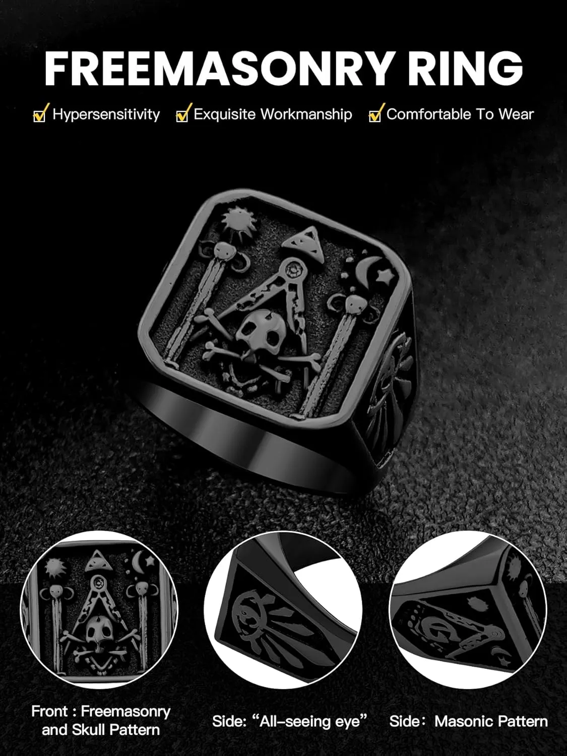 Masonic Rings for Men, 316L Stainless Steel/18K Gold/Black Freemason Band Rings Jewelry, with Gift Box