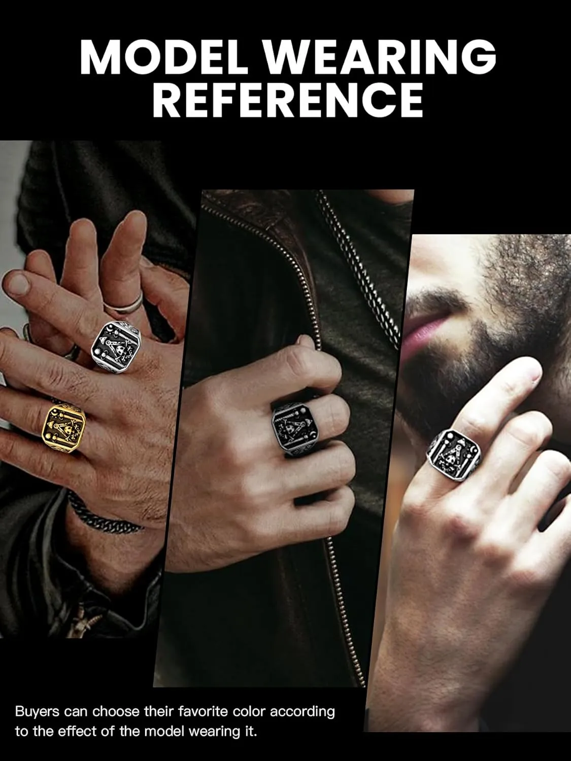 Masonic Rings for Men, 316L Stainless Steel/18K Gold/Black Freemason Band Rings Jewelry, with Gift Box