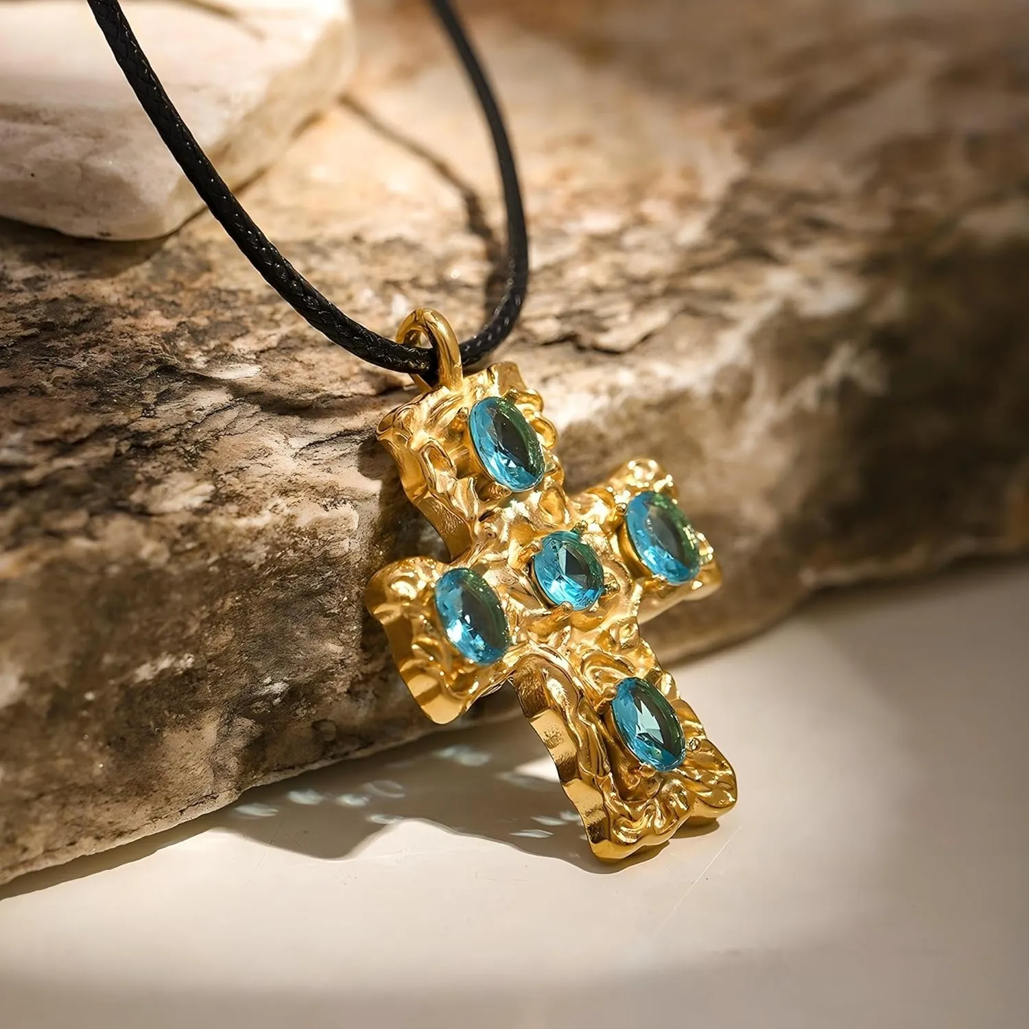 MAX 18K Gold Plated Hammered Cubic Zirconia Cross Pendant Necklace, Studs Earrings | Hypoallergenic All-match Luxury Black String Necklace, Stud Earrings | Ingenious Design Cross Faith Pendant Necklace, Studs Earrings for Women