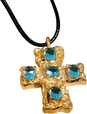 MAX 18K Gold Plated Hammered Cubic Zirconia Cross Pendant Necklace, Studs Earrings | Hypoallergenic All-match Luxury Black String Necklace, Stud Earrings | Ingenious Design Cross Faith Pendant Necklace, Studs Earrings for Women