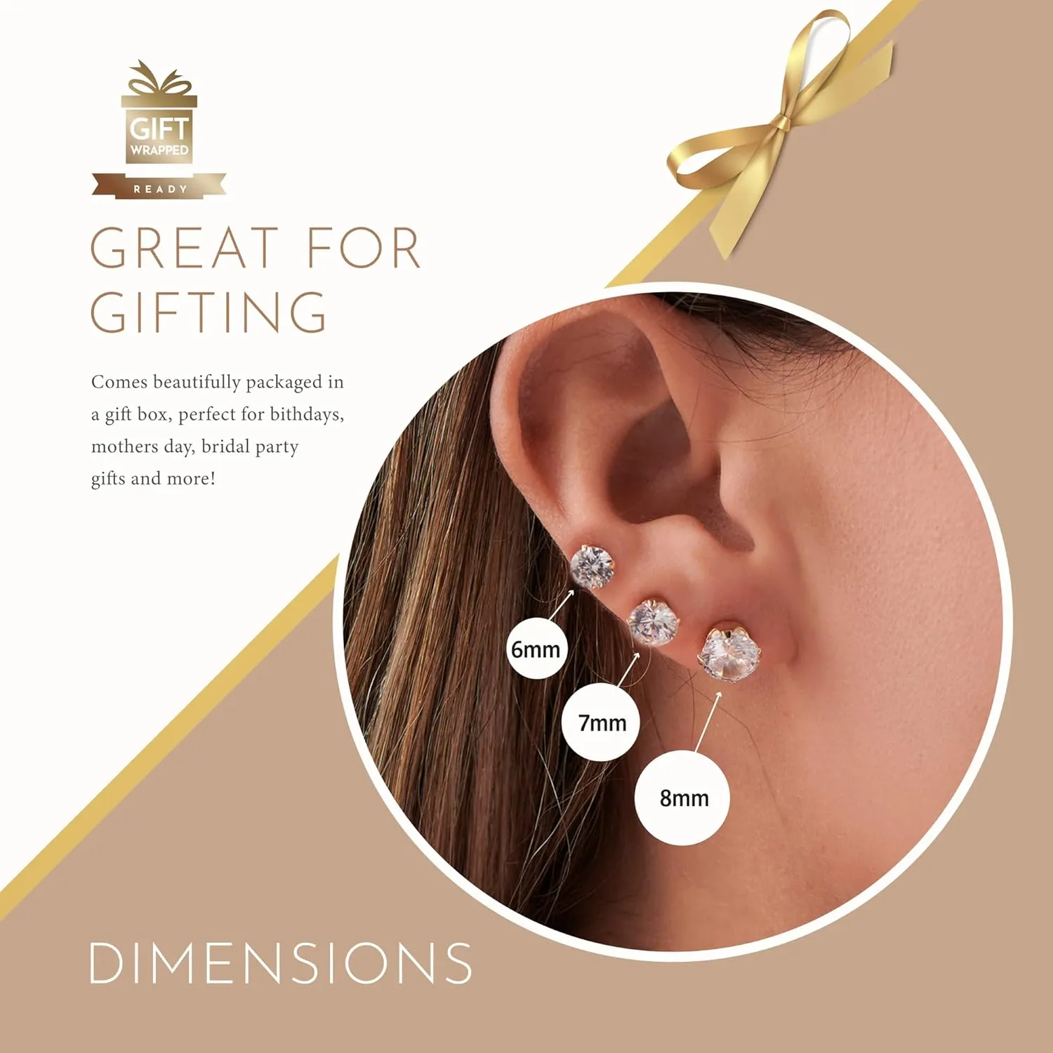 MAZZERI Solid 14k Yellow Gold & Cubic Zirconia Stud Earrings for Women & Men, Hypoallergenic Solitaire Butterfly Pushback Studs for Pierced Ears