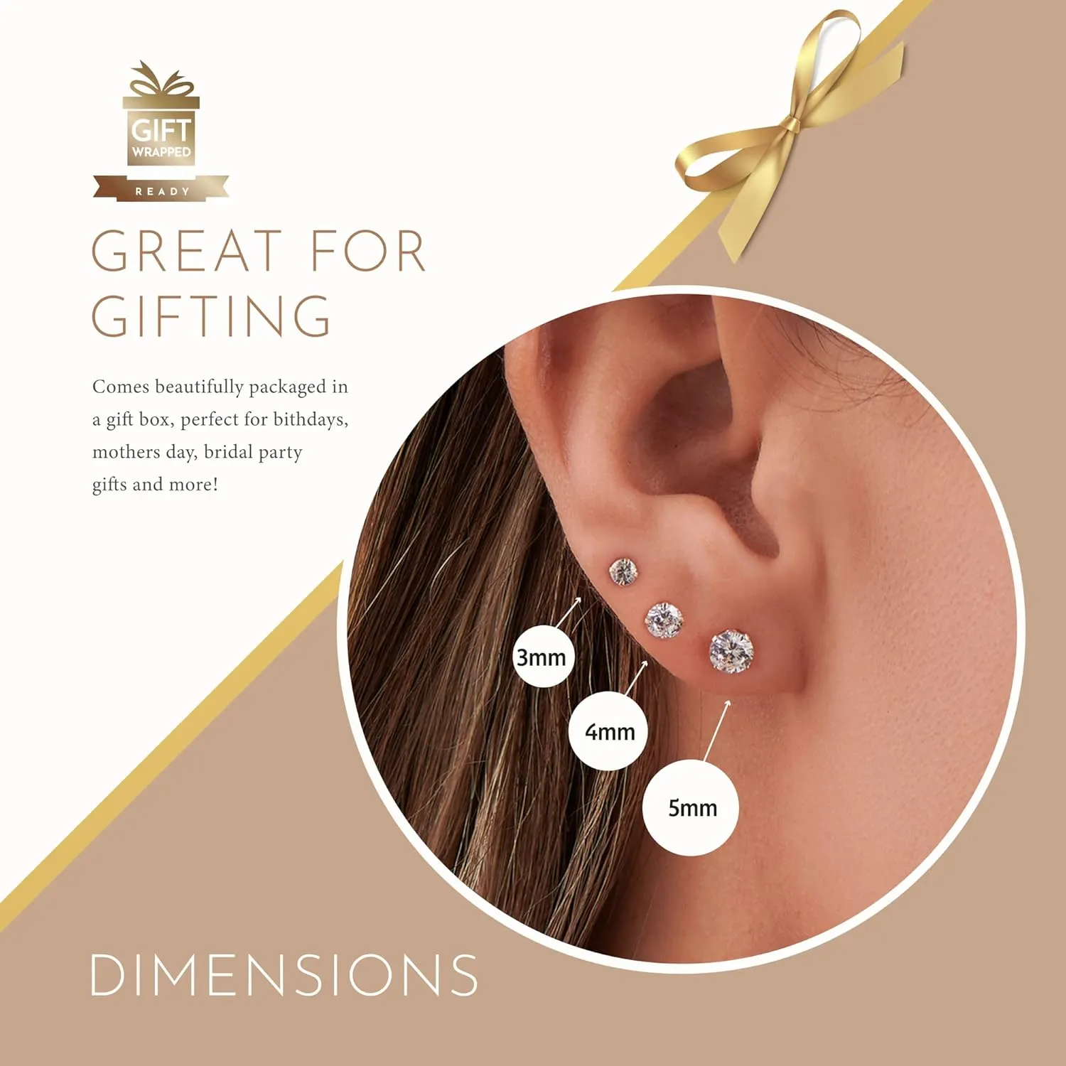 MAZZERI Solid 14k Yellow Gold & Cubic Zirconia Stud Earrings for Women & Men, Hypoallergenic Solitaire Butterfly Pushback Studs for Pierced Ears