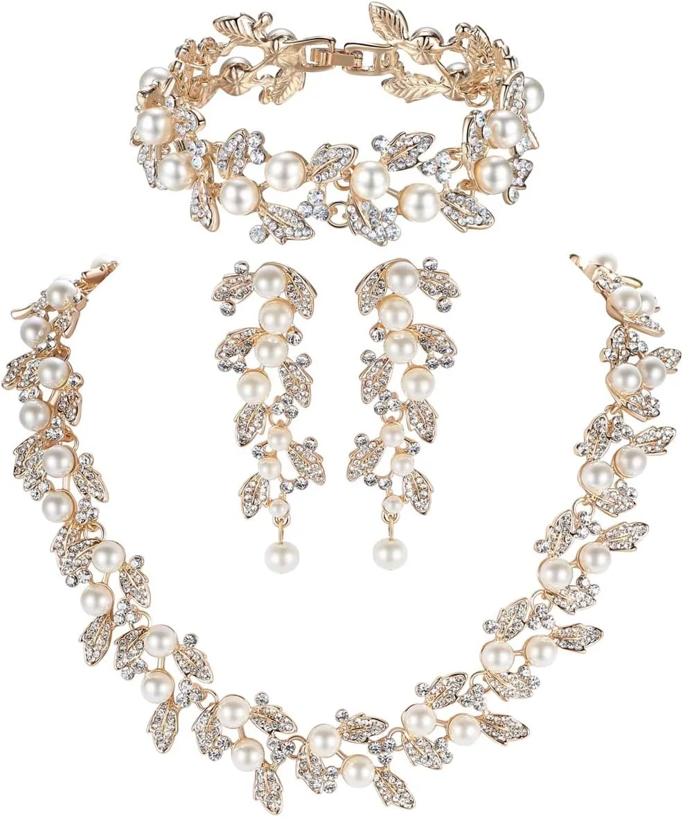 mecresh Simulated Pearl Leave Floral Bridal Jewelry Sets, Crystal Wedding Necklace Earrings Bracelet Sets Jewelry Engagement Gift
