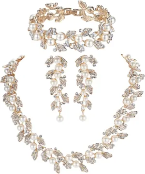 mecresh Simulated Pearl Leave Floral Bridal Jewelry Sets, Crystal Wedding Necklace Earrings Bracelet Sets Jewelry Engagement Gift