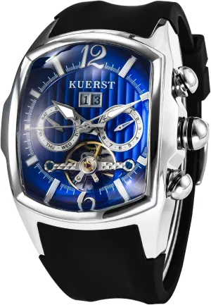 Men Automatic Watch Square Tourbillon Mechanical. Month, Date and Week Display, Stainless Steel Stylish Design Elegant Business Wristwatches