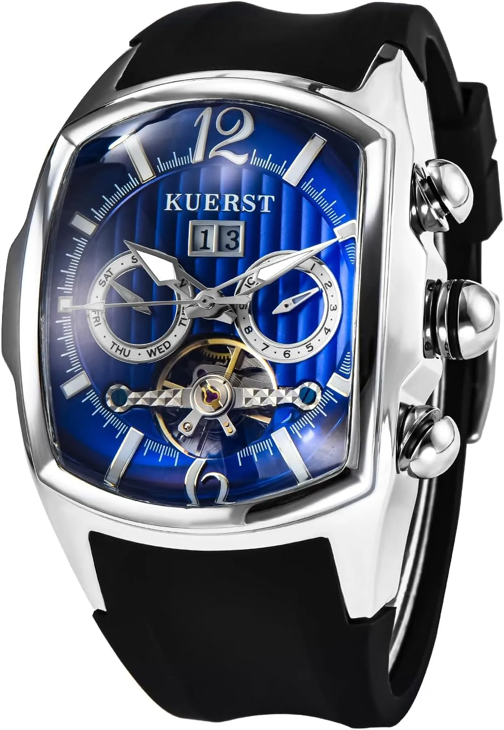 Men Automatic Watch Square Tourbillon Mechanical. Month, Date and Week Display, Stainless Steel Stylish Design Elegant Business Wristwatches
