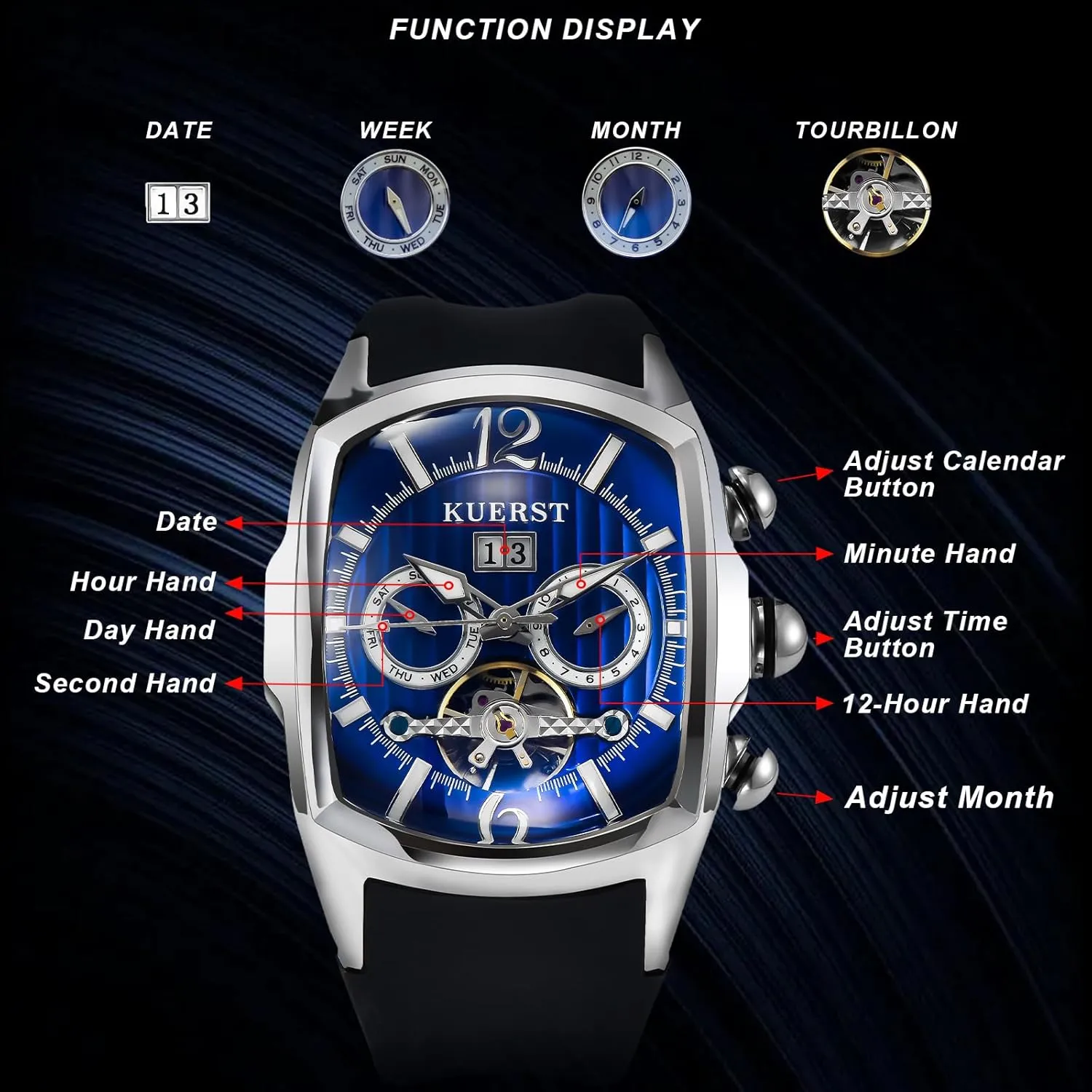 Men Automatic Watch Square Tourbillon Mechanical. Month, Date and Week Display, Stainless Steel Stylish Design Elegant Business Wristwatches