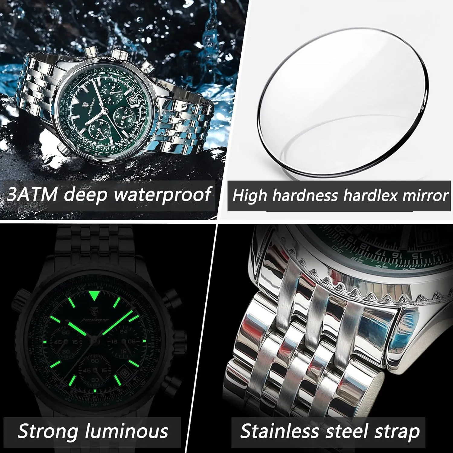 Men Fashion Big Dial Military Quartz Watch Waterproof Luminous Date Chronograph Man's Luxury Quartz Watches Sport Stainless Steel Wristwatches