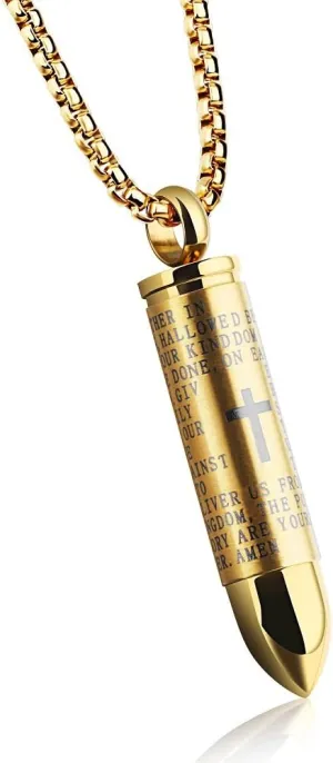 Mens Cross Pendant Necklace for Men Black Gold English Urn Lord's Prayer Stainless Steel Ash Memorial Bullet Chain Nice Gifts