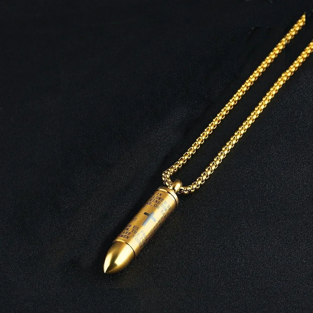 Mens Cross Pendant Necklace for Men Black Gold English Urn Lord's Prayer Stainless Steel Ash Memorial Bullet Chain Nice Gifts