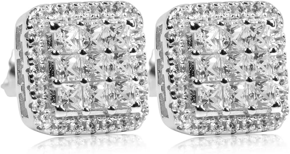 Men's Large Square White Gold Plated 925 Sterling Silver 3D Unisex Iced 5A Cz Micro Pave Big Square Shape Invisible Set Princess Cut Hip Hop Screw Back Stud Earrings Jewelry Gifts For Men Women