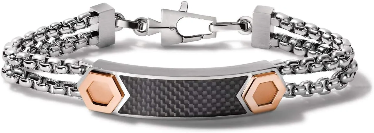 Men's Latin GRAMMY Precisionist Stainless Steel Double-Chain Black Carbon Fiber Inlay ID Link Bracelet with Rose Gold