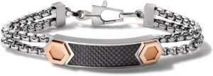 Men's Latin GRAMMY Precisionist Stainless Steel Double-Chain Black Carbon Fiber Inlay ID Link Bracelet with Rose Gold