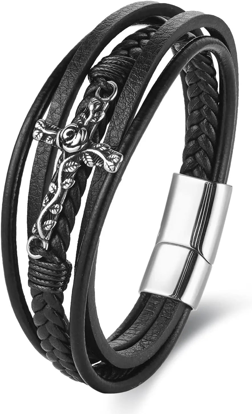 Mens Stainless Steel Vintage Rose Cross Multi-strand Black Leather Bangle Bracelet, Religion Prayer, Elegant Classic