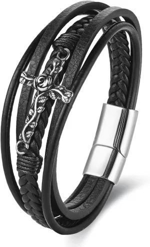 Mens Stainless Steel Vintage Rose Cross Multi-strand Black Leather Bangle Bracelet, Religion Prayer, Elegant Classic
