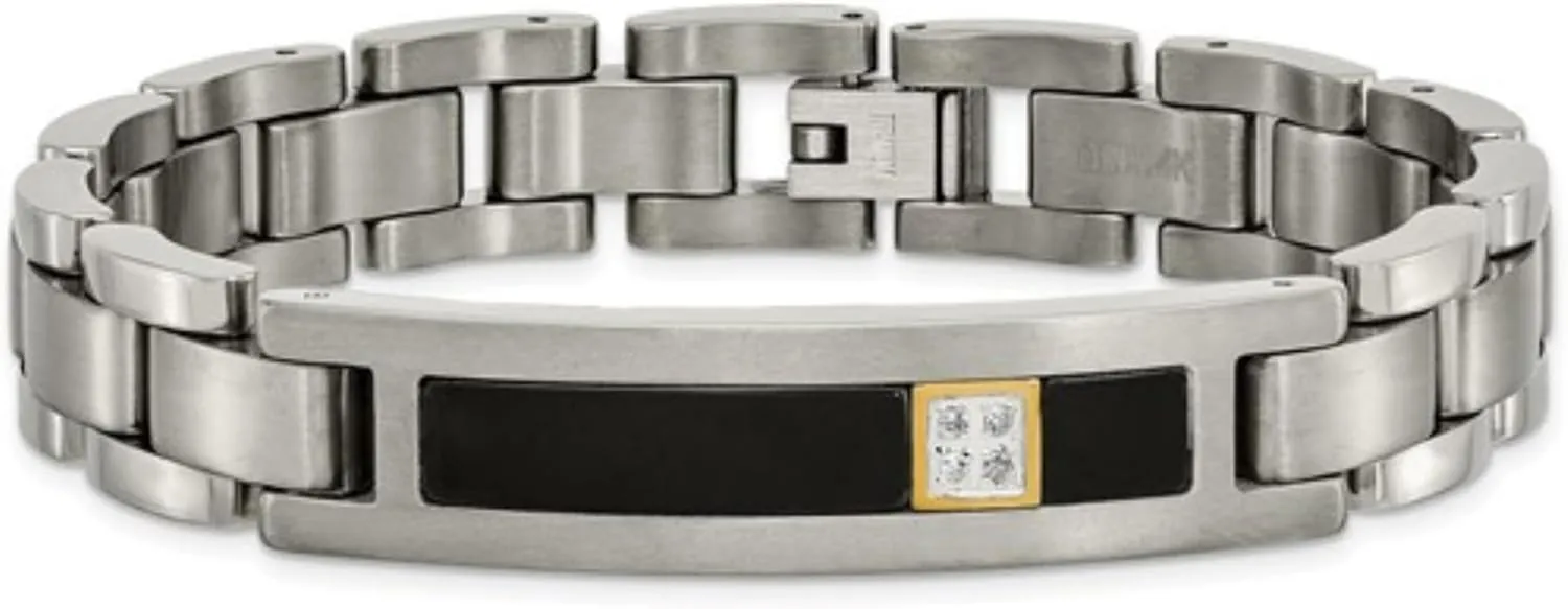 Men's Titanium, 14k White Gold Black Onyx and Diamond Link Bracelet, 8 Inches (.05 Ctw, HI, I2)