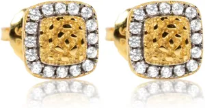Mens Women's Small 3D Square Iced 5A Cz Unisex 90's Retro Two Tone 14K Gold Sterling Silver Studs Cube Shape Textured Solid Nugget Hip Hop Screw Back Stud Earrings For Men