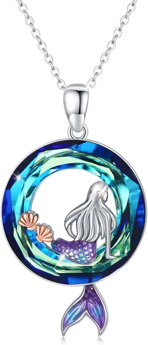 Mermaid Necklaces Round Shape Crystal Ocean Pendant Necklace Dainty Sterling Silver Starfish Beach Cute Jewelry Gifts for Women with Gift Box