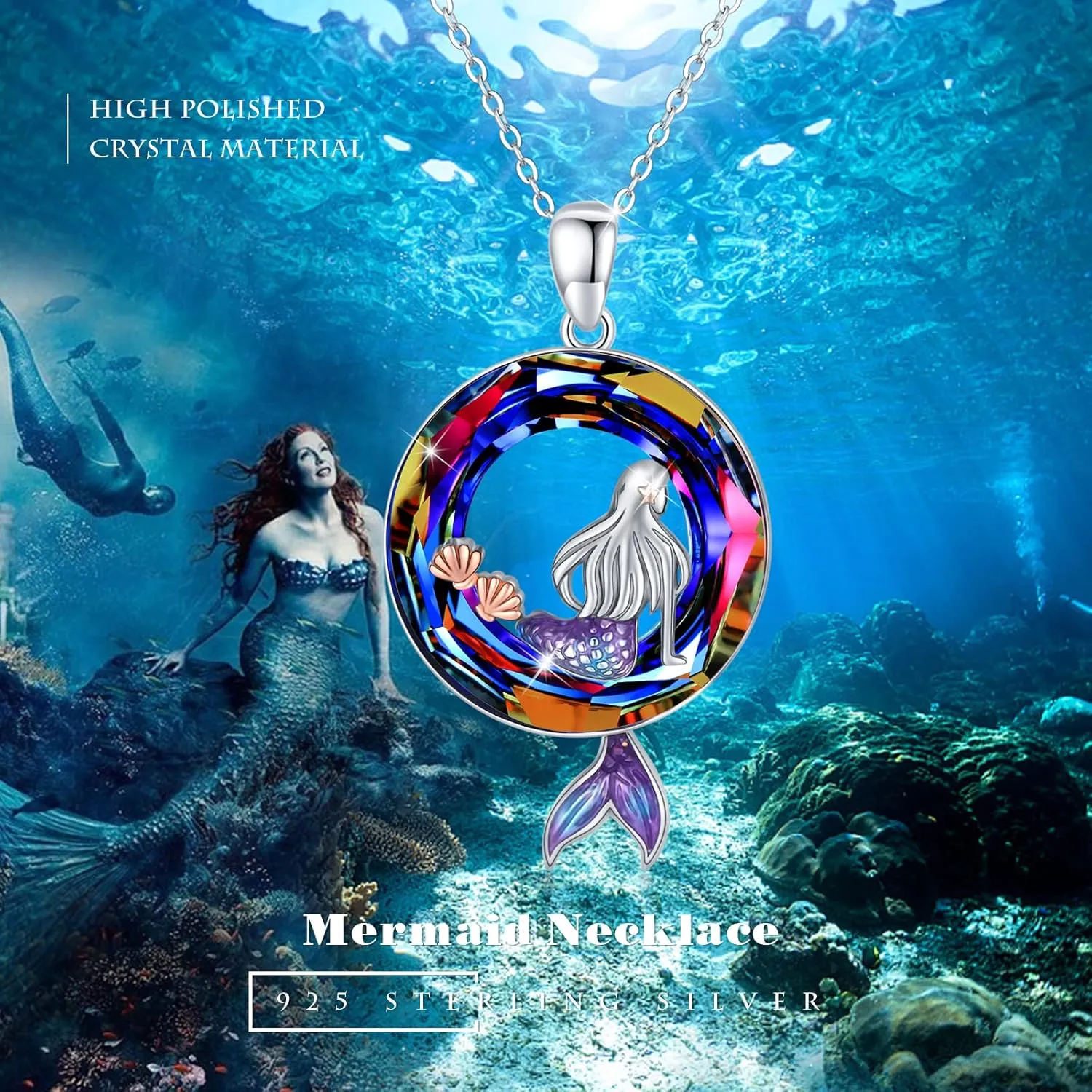 Mermaid Necklaces Round Shape Crystal Ocean Pendant Necklace Dainty Sterling Silver Starfish Beach Cute Jewelry Gifts for Women with Gift Box