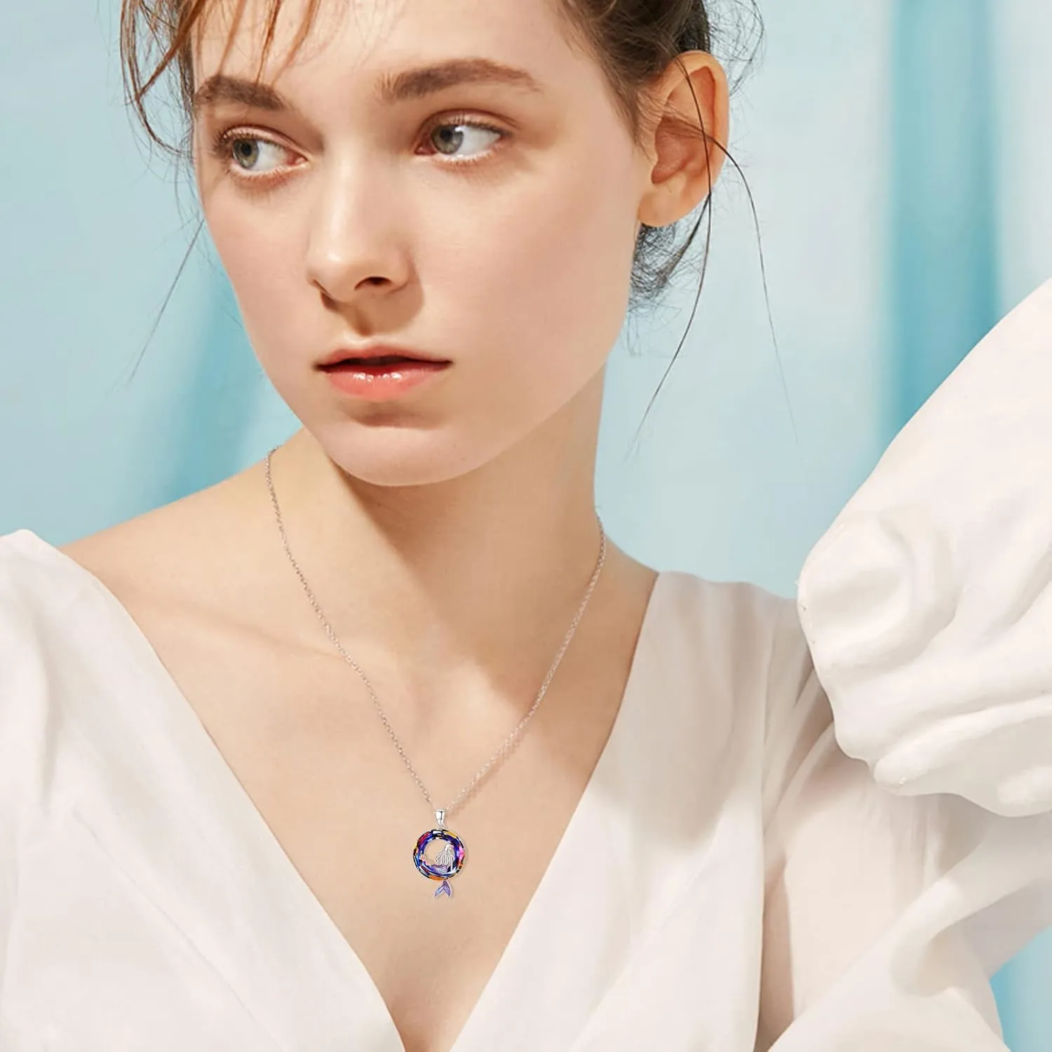 Mermaid Necklaces Round Shape Crystal Ocean Pendant Necklace Dainty Sterling Silver Starfish Beach Cute Jewelry Gifts for Women with Gift Box