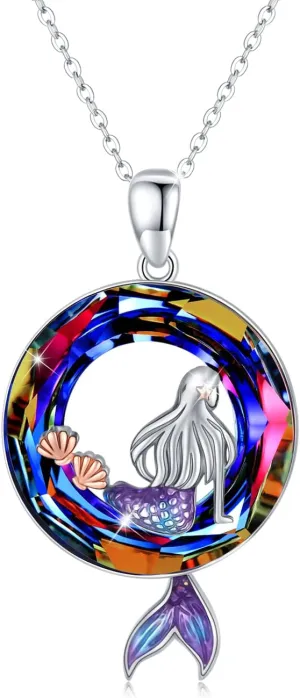 Mermaid Necklaces Round Shape Crystal Ocean Pendant Necklace Dainty Sterling Silver Starfish Beach Cute Jewelry Gifts for Women with Gift Box