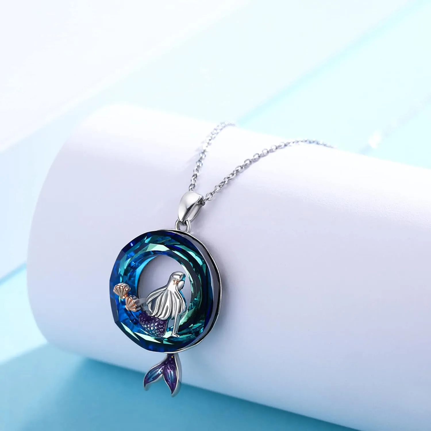 Mermaid Necklaces Round Shape Crystal Ocean Pendant Necklace Dainty Sterling Silver Starfish Beach Cute Jewelry Gifts for Women with Gift Box