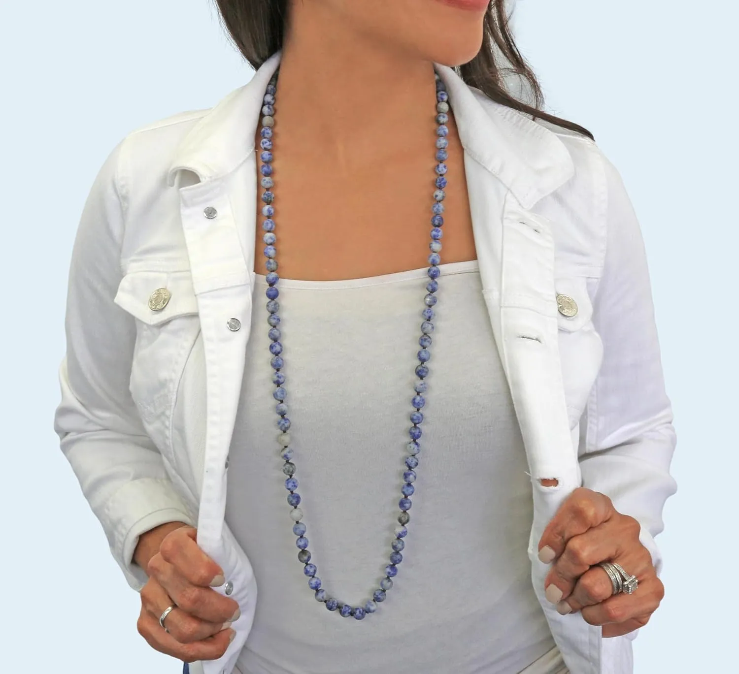 MGR MY GEMS ROCK! 7-8MM 36 Inch Long Matte-Finish Genuine Semi-Precious Stone Endless Infinity Opera Length Hand Beaded Mala Chakra Strand Necklace for Women or Men.