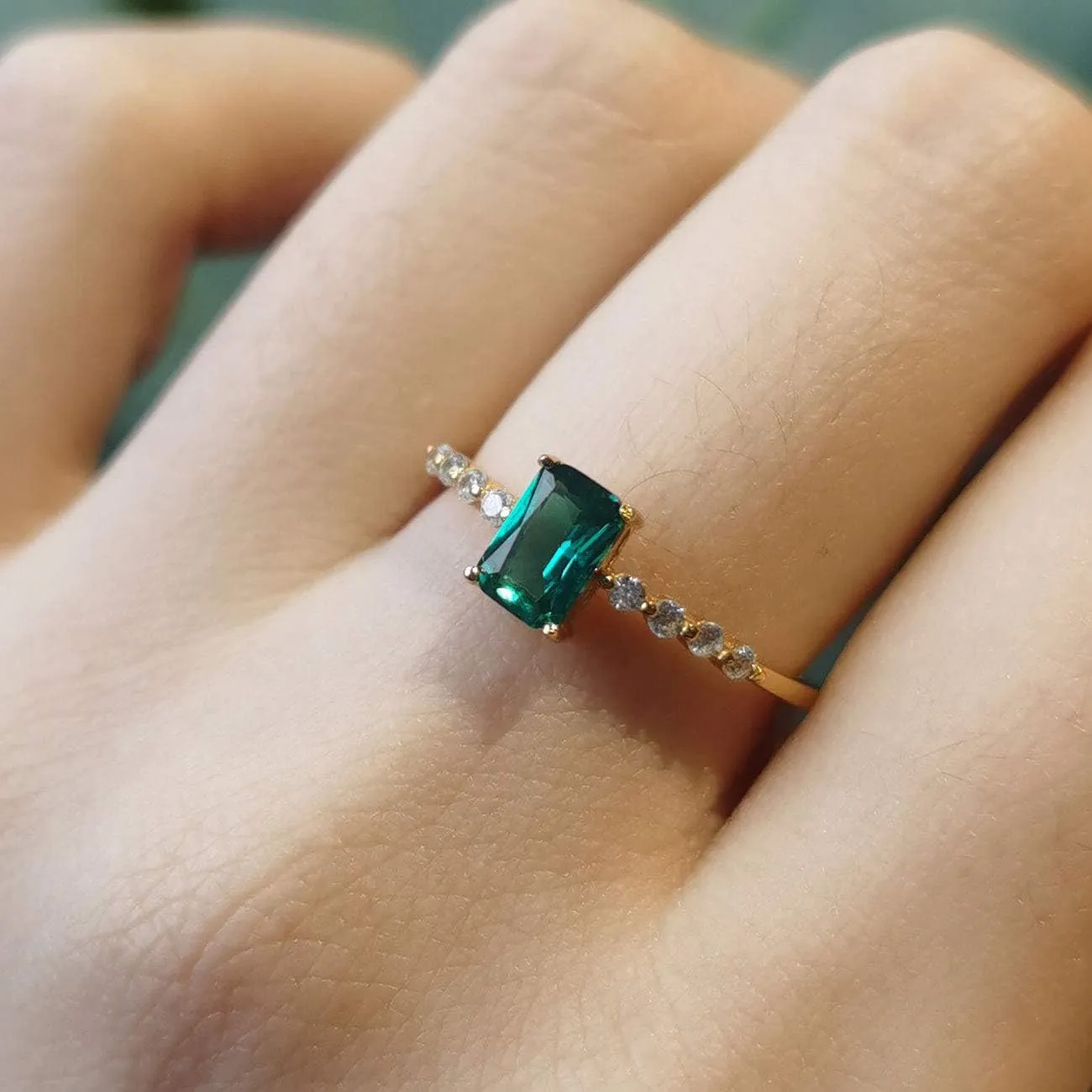 Michooyel S925 Dainty Baguette Birthstone Rings CZ Band Rings Emerald/Amethyst 18K Gold Plated Sterling Silver Fine Jewelry for Women