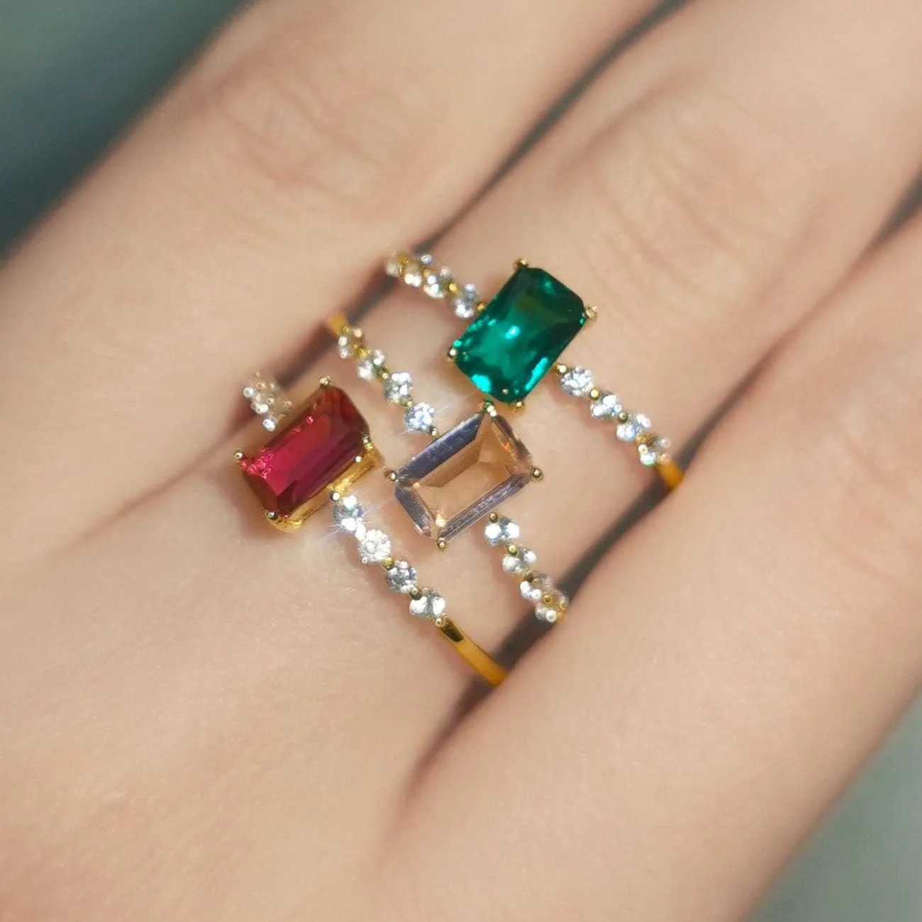 Michooyel S925 Dainty Baguette Birthstone Rings CZ Band Rings Emerald/Amethyst 18K Gold Plated Sterling Silver Fine Jewelry for Women