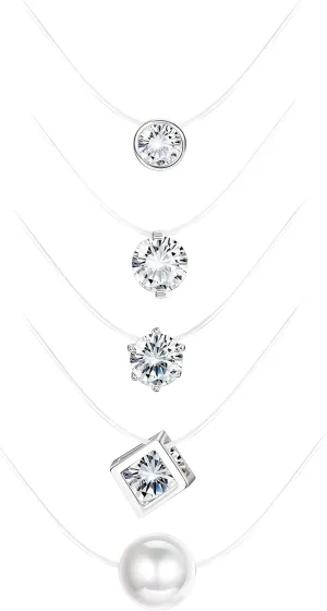 MILACOLATO 5Pcs Transparent Fishing Line Necklace Solitaire Dazzling Zircon Clear Pearl Choker Necklace