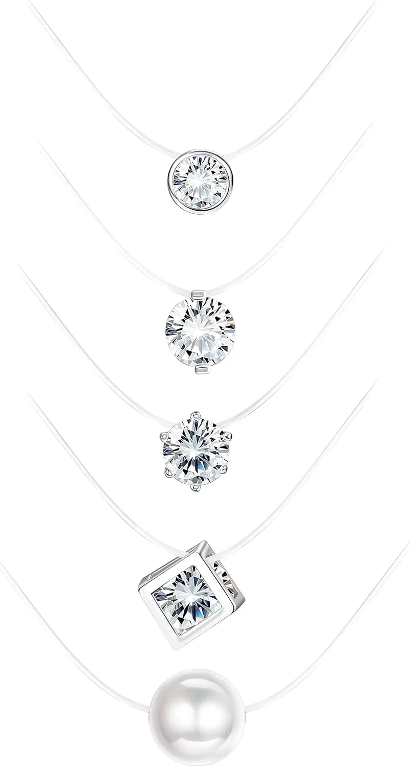 MILACOLATO 5Pcs Transparent Fishing Line Necklace Solitaire Dazzling Zircon Clear Pearl Choker Necklace
