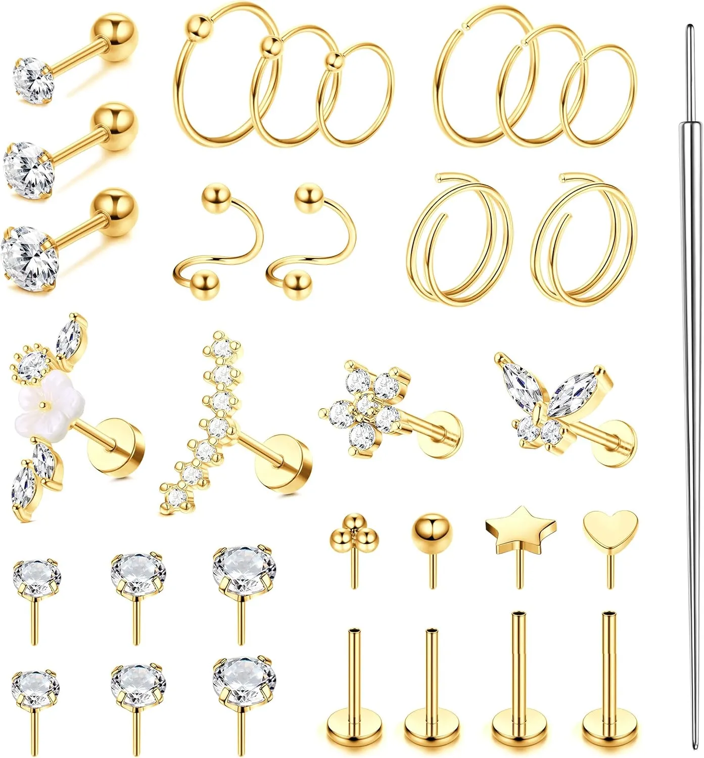 MILACOLATO Hypoallergenic Cartilage Earrings Stud Hoop for Women 16-20G Surgical Steel Tragus Earrings Push in Nose Studs Threadless Flat Back Earrings Lip Labret Daith Conch Helix Piercing Jewelry