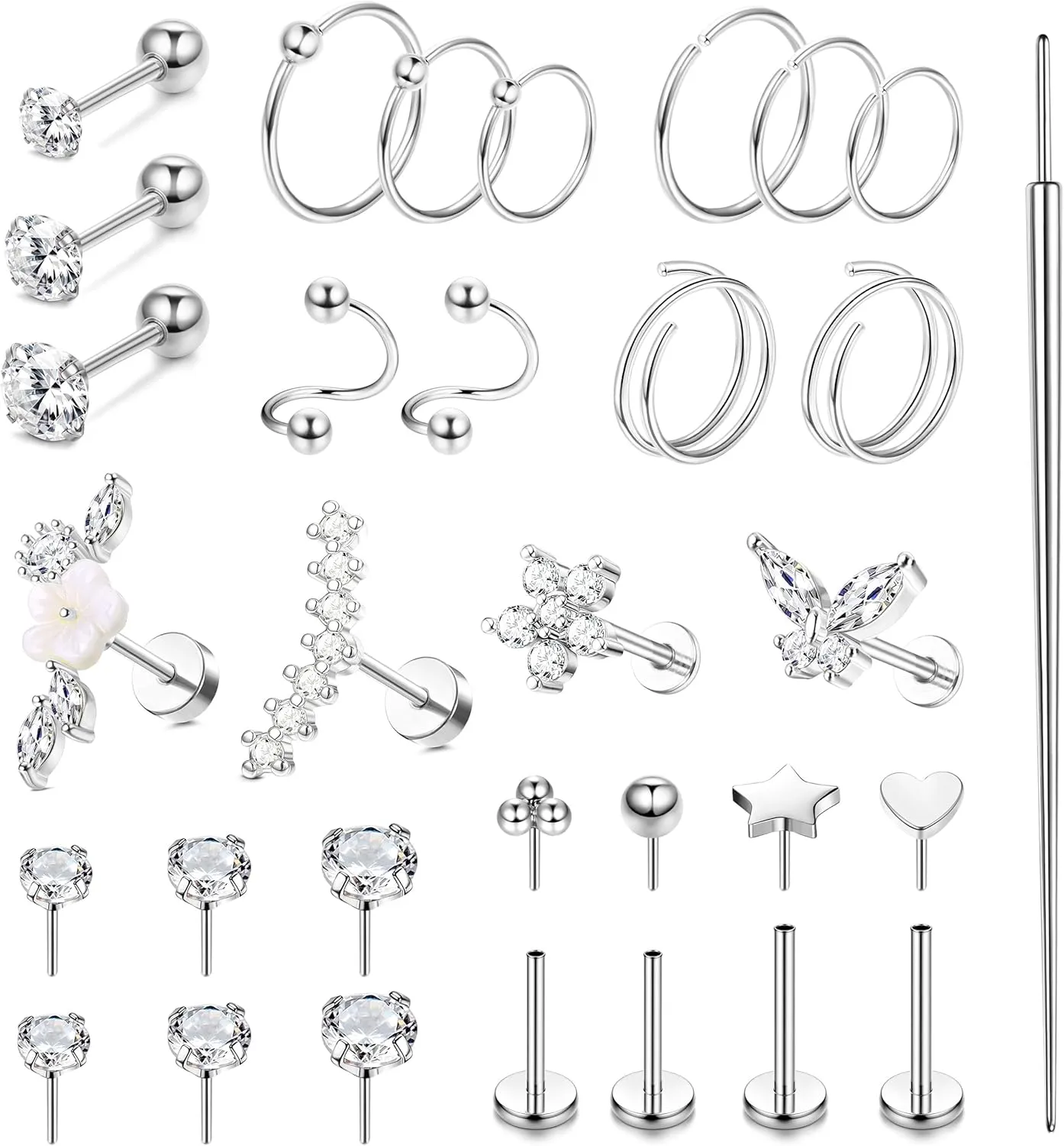 MILACOLATO Hypoallergenic Cartilage Earrings Stud Hoop for Women 16-20G Surgical Steel Tragus Earrings Push in Nose Studs Threadless Flat Back Earrings Lip Labret Daith Conch Helix Piercing Jewelry