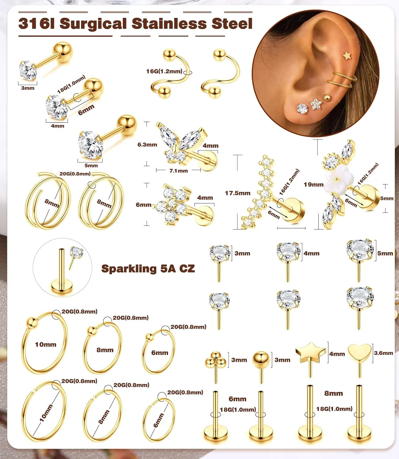 MILACOLATO Hypoallergenic Cartilage Earrings Stud Hoop for Women 16-20G Surgical Steel Tragus Earrings Push in Nose Studs Threadless Flat Back Earrings Lip Labret Daith Conch Helix Piercing Jewelry