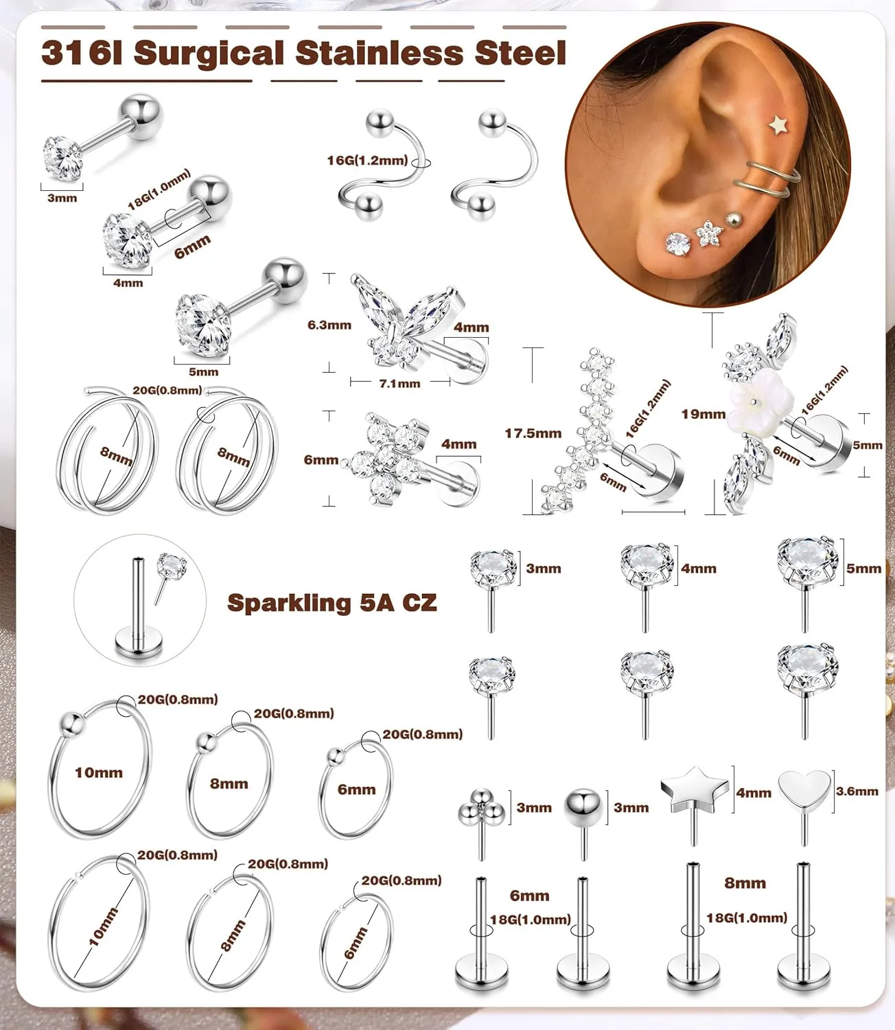 MILACOLATO Hypoallergenic Cartilage Earrings Stud Hoop for Women 16-20G Surgical Steel Tragus Earrings Push in Nose Studs Threadless Flat Back Earrings Lip Labret Daith Conch Helix Piercing Jewelry