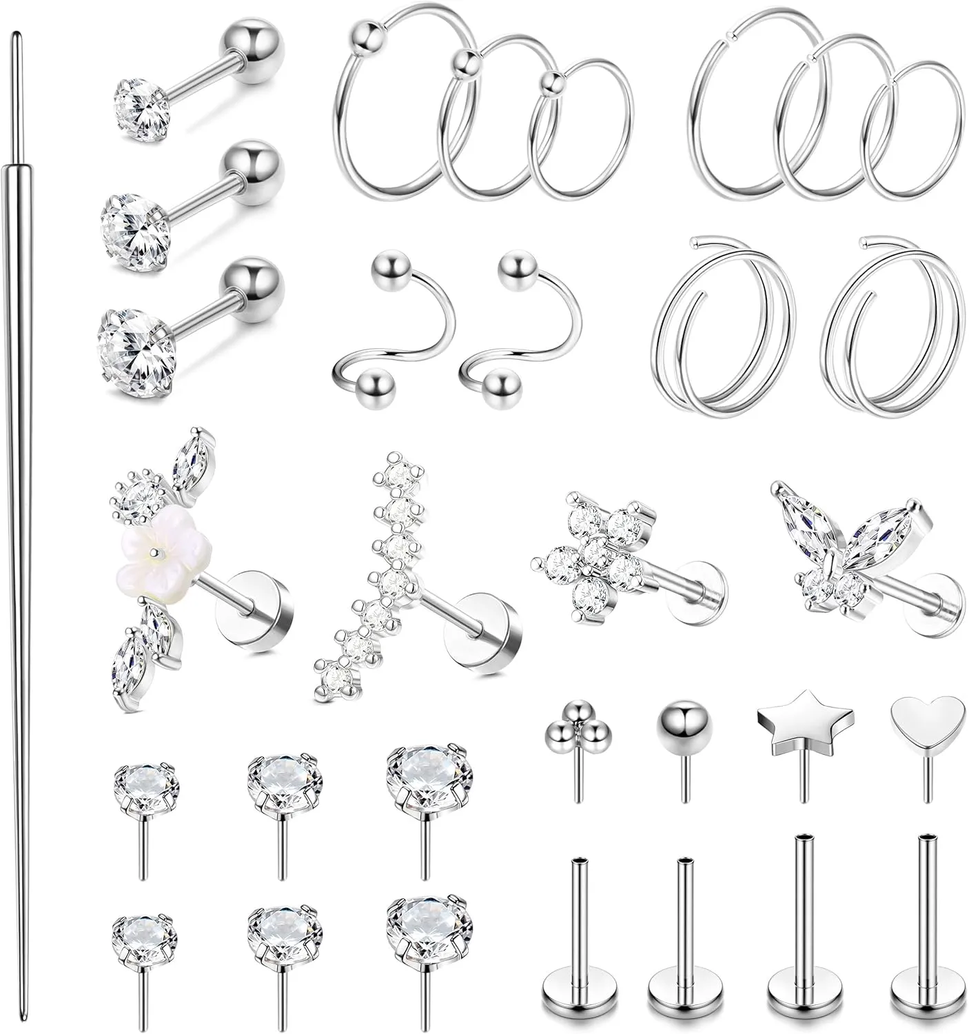 MILACOLATO Hypoallergenic Cartilage Earrings Stud Hoop for Women 16-20G Surgical Steel Tragus Earrings Push in Nose Studs Threadless Flat Back Earrings Lip Labret Daith Conch Helix Piercing Jewelry