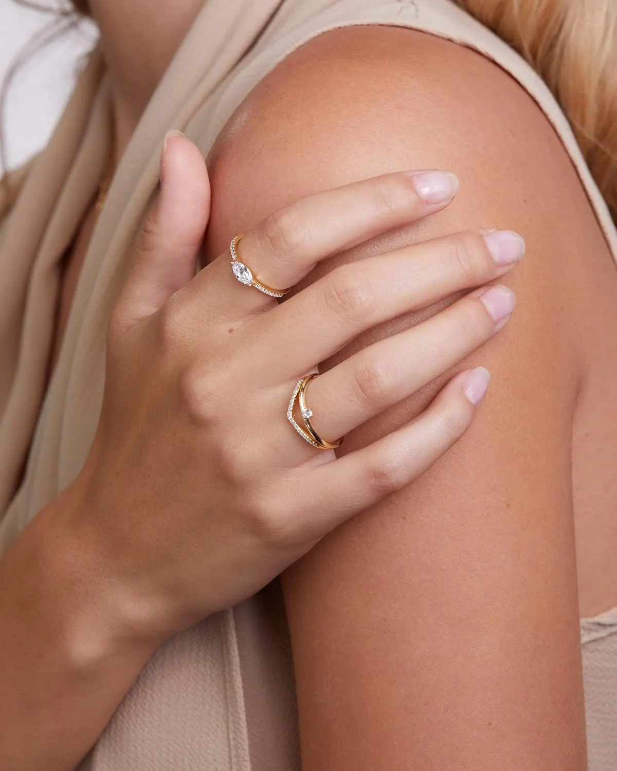 Milla Chevron Rings for Women - 14K Gold Plated Rings and 925 Sterling Silver - Wishbone 'V' Ring with Cubic Zirconia