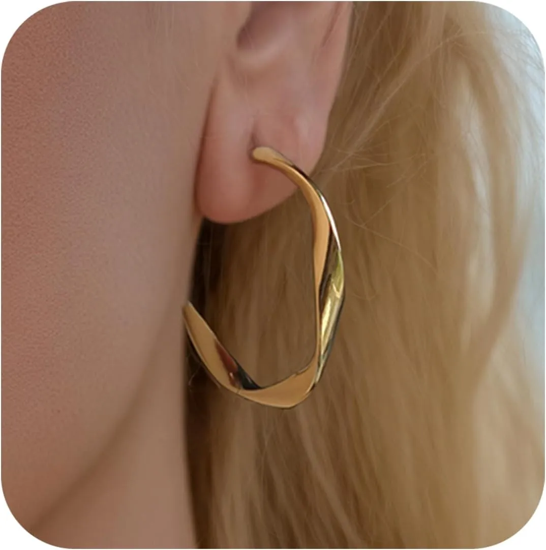Minimalist Hoop Earrings 14K Gold Plated Lightweight Twisted Small Thick Huggie Hoops Earrings Hypoallergenic Gold Earrings for Women Trendy Hoops Drop Dangle Earrings Studs Jewelry Gifts