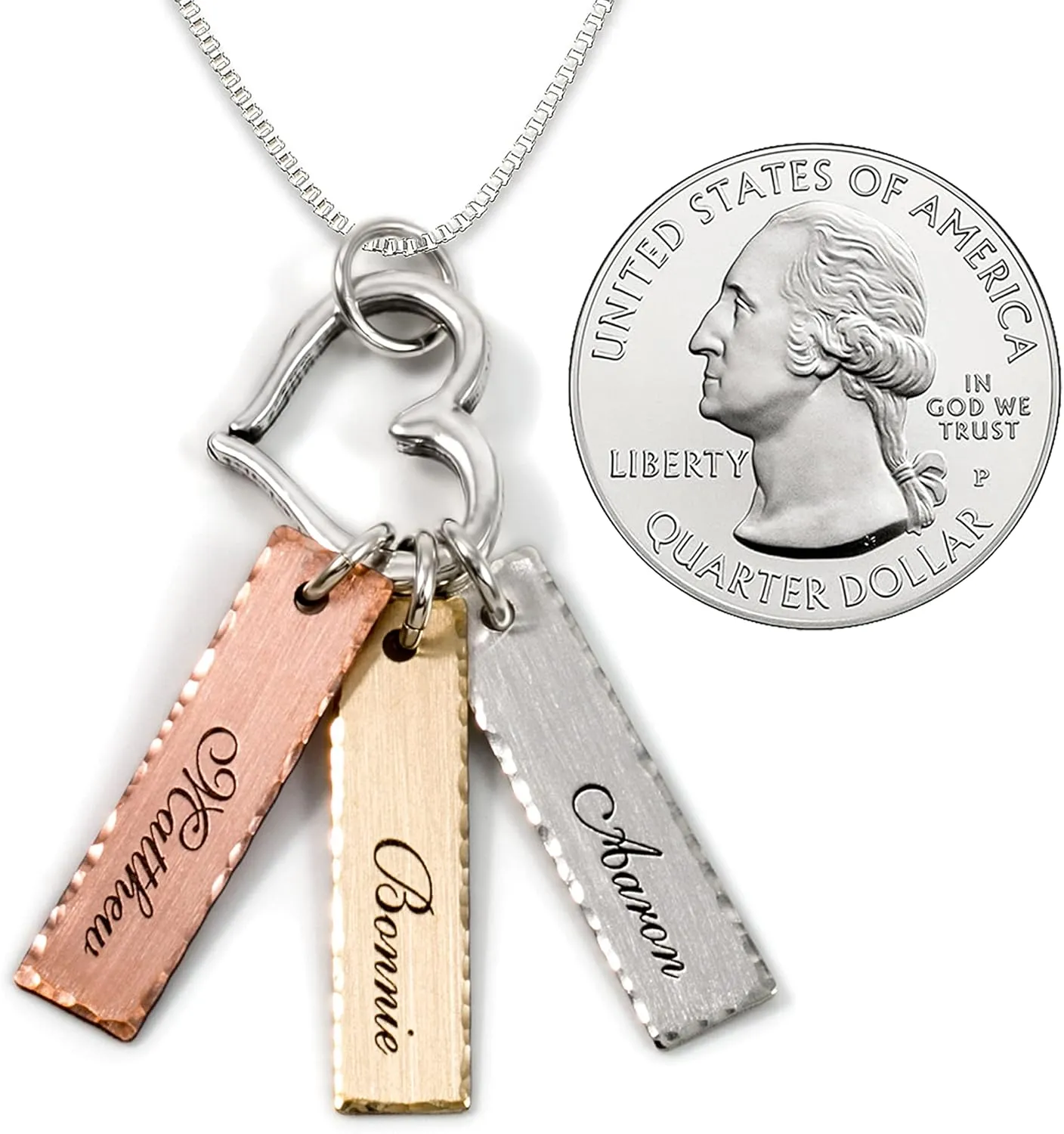 Mixed Tone Triple Bar Personalized Necklace with Heart Charm. 14k Gold Plated, Rose Gold Plated, Sterling Silver Charm. Choice of Silver Chain. Gifts for Her, Mom, Wife