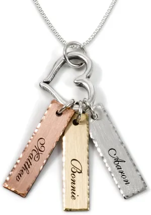 Mixed Tone Triple Bar Personalized Necklace with Heart Charm. 14k Gold Plated, Rose Gold Plated, Sterling Silver Charm. Choice of Silver Chain. Gifts for Her, Mom, Wife