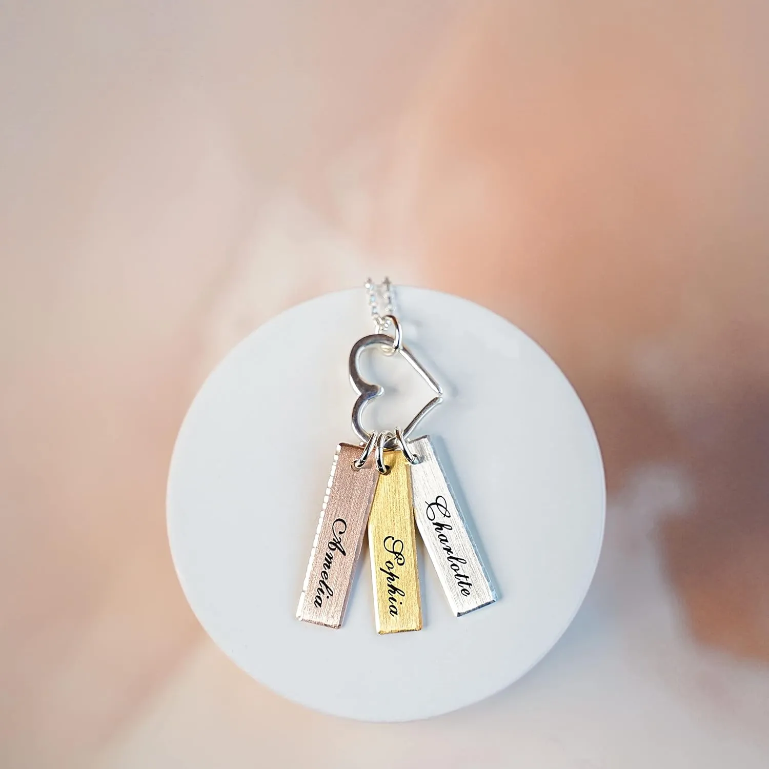 Mixed Tone Triple Bar Personalized Necklace with Heart Charm. 14k Gold Plated, Rose Gold Plated, Sterling Silver Charm. Choice of Silver Chain. Gifts for Her, Mom, Wife