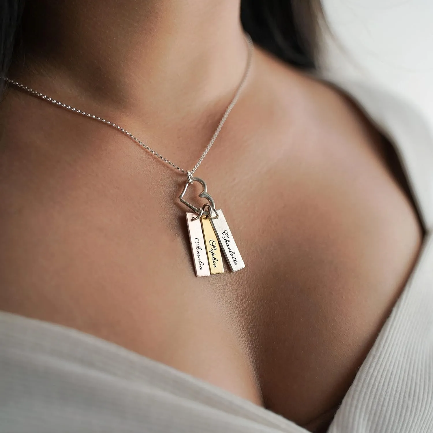 Mixed Tone Triple Bar Personalized Necklace with Heart Charm. 14k Gold Plated, Rose Gold Plated, Sterling Silver Charm. Choice of Silver Chain. Gifts for Her, Mom, Wife