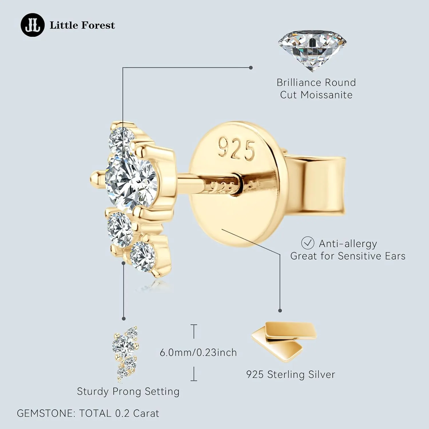 Moissanite Cartilage Earrings, 925 Sterling Silver Tiny Studs, Dainty Stylish Fashion Jewelry for Women Teen Mom, Hypoallergenic for Sensitive Ears, Gift Box Included