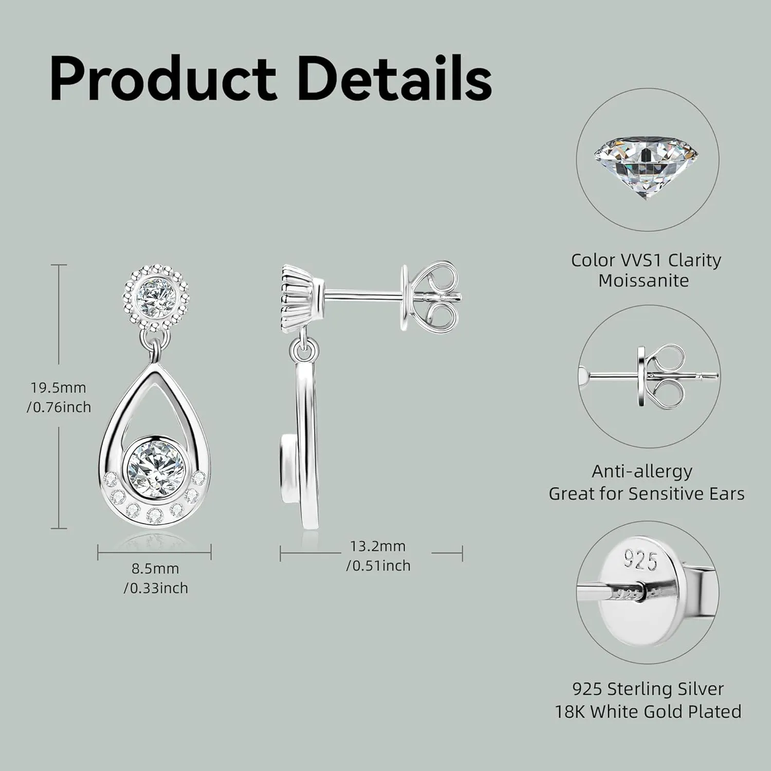 Moissanite Dangle Earrings 0.8-2CT D Color VVS1 Round Cut Lab Simulated Diamond 925 Sterling Silver Tear Drop Earring Gift for Women Wife Her with Certificate