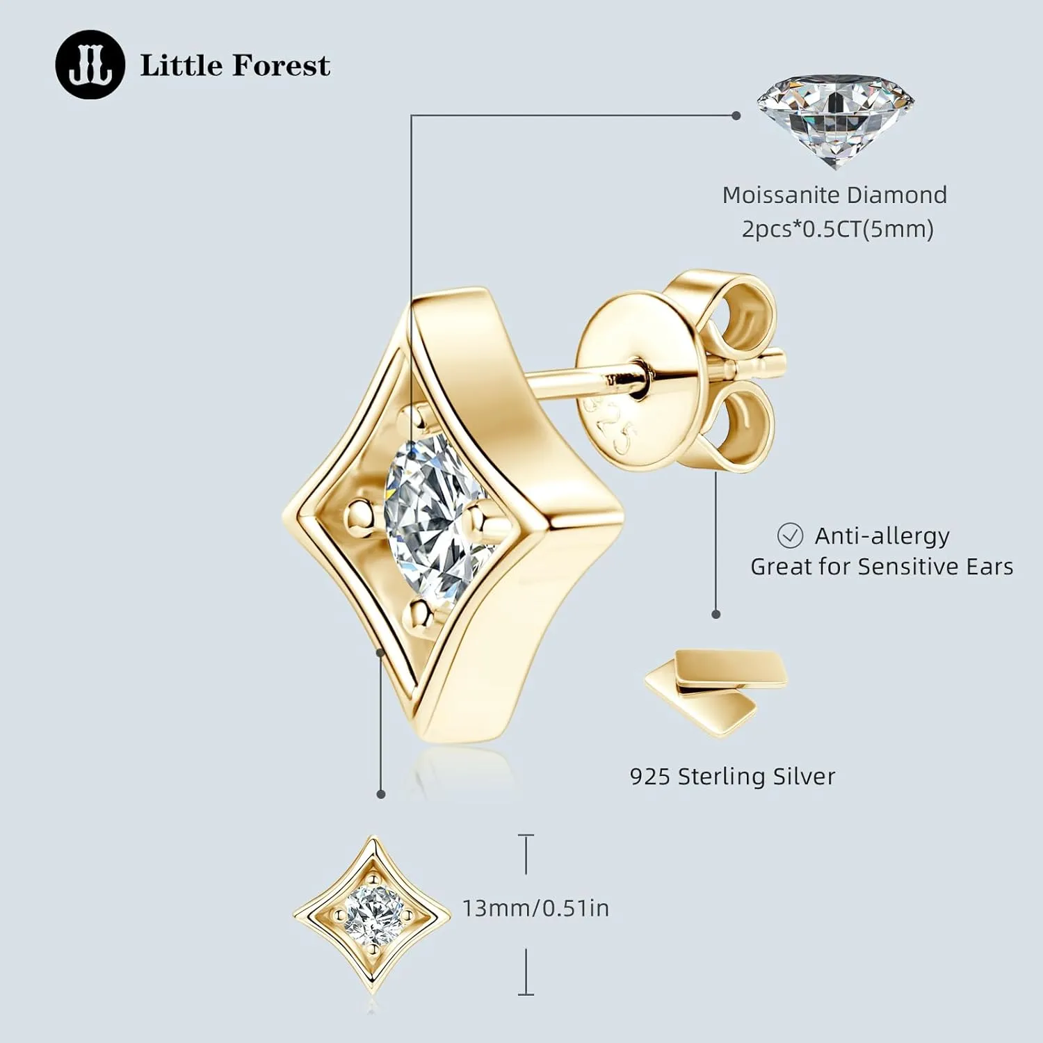 Moissanite Earrings for Women, 925 Sterling Silver 0.5-1ct D Color VVS1 Moissanite Stud Earrings, Hypoallergenic Earrings Studs for Sensitive Ears New Year Christmas Gifts