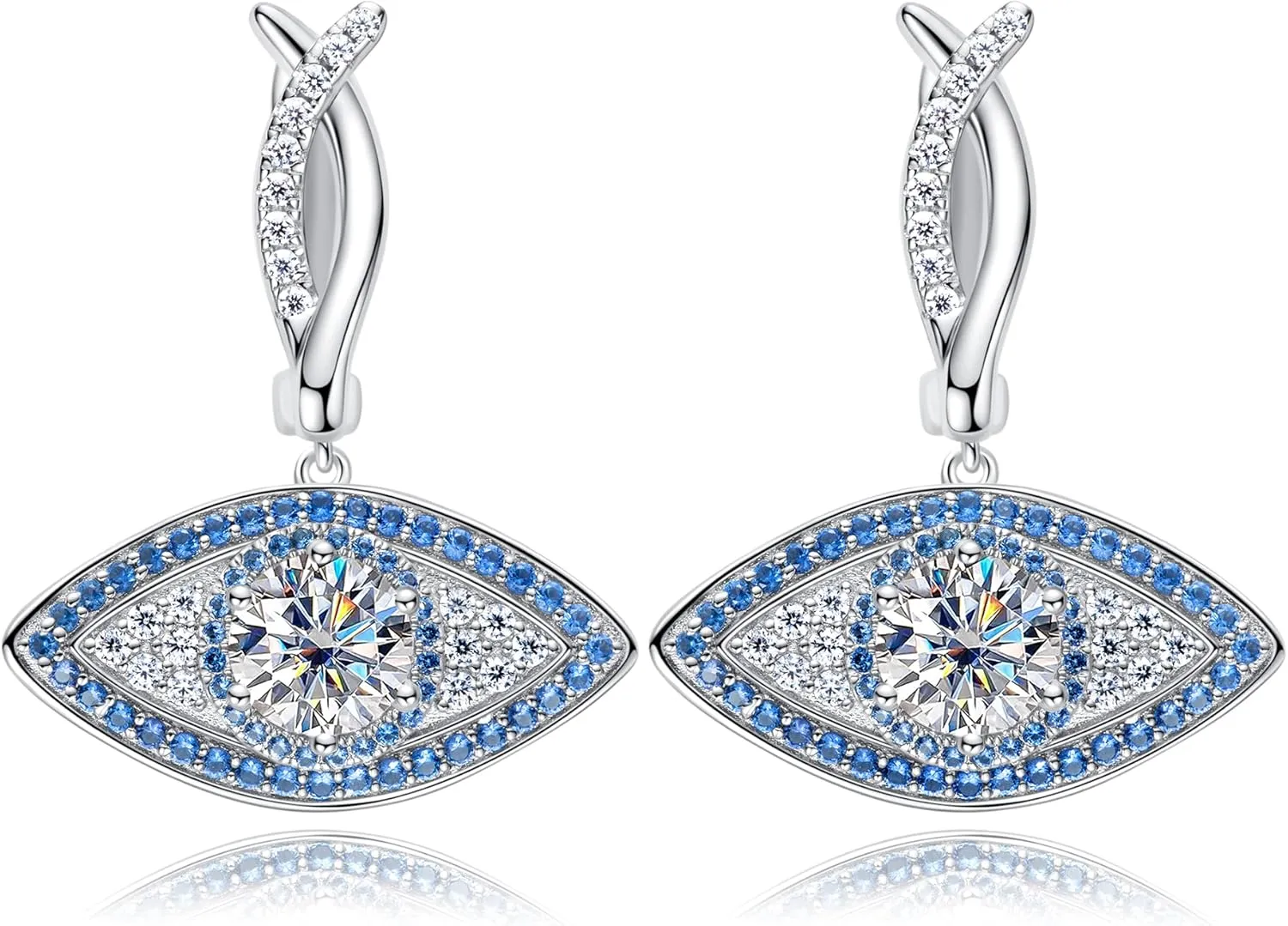 Moissanite Evil Eye Dangle Earrings 1.23 CTTW D color VVS Moissanite Lab-Created Sapphire Huggie Hoop Earrings Platinum-Plated Sterling Silver Moissanite Hanging Drop Earrings Gift for Women
