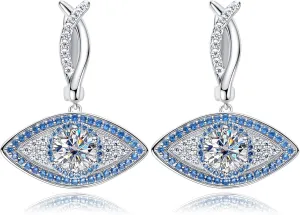 Moissanite Evil Eye Dangle Earrings 1.23 CTTW D color VVS Moissanite Lab-Created Sapphire Huggie Hoop Earrings Platinum-Plated Sterling Silver Moissanite Hanging Drop Earrings Gift for Women